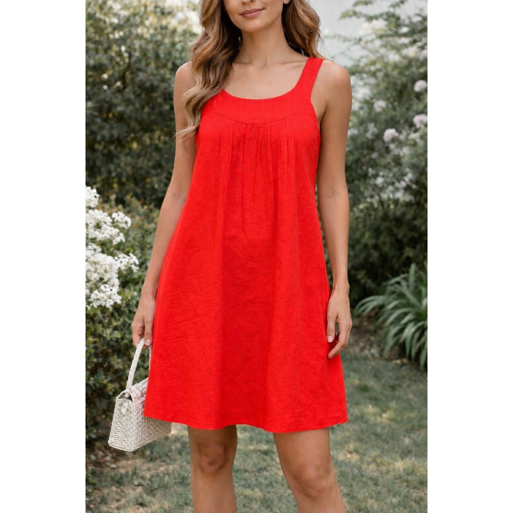 Theory Red Linen Blend Pleated Shift Dress Size 4